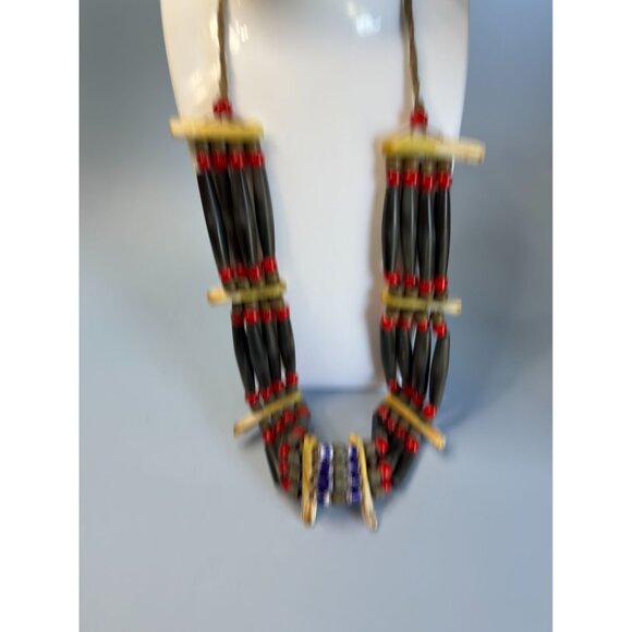 African Tribal Buffalo Bone & Murano Beads Necklace 22" Multi-Strand Handmade Et - Picture 2 of 7
